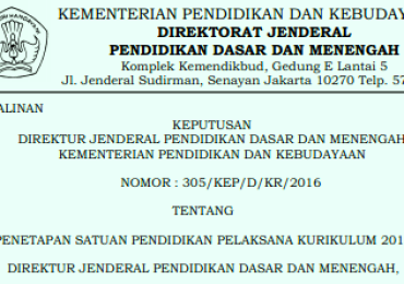 SK DIRJENDIKDASMEN TENTANG PENETAPAN SEKOLAH PELAKSANA KURIKULUM 2013 TAHUN 2016